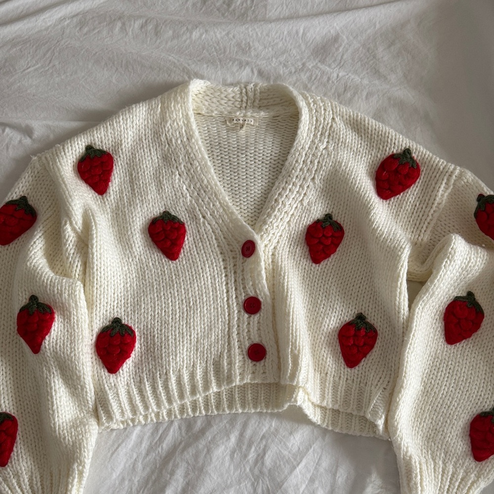 Strawberry Embroidered White Cardigan Sweater